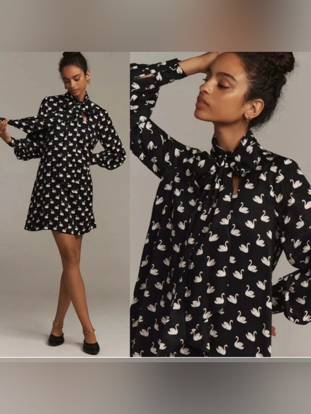 Anthropologie Maeve The Caroline Swan Print Tie Neck Black Dress XS Preppy